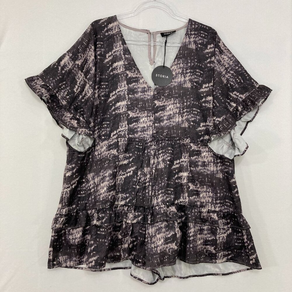 New Storia Large Purple Black V Neck Ruffle Rompers Vacation Summer